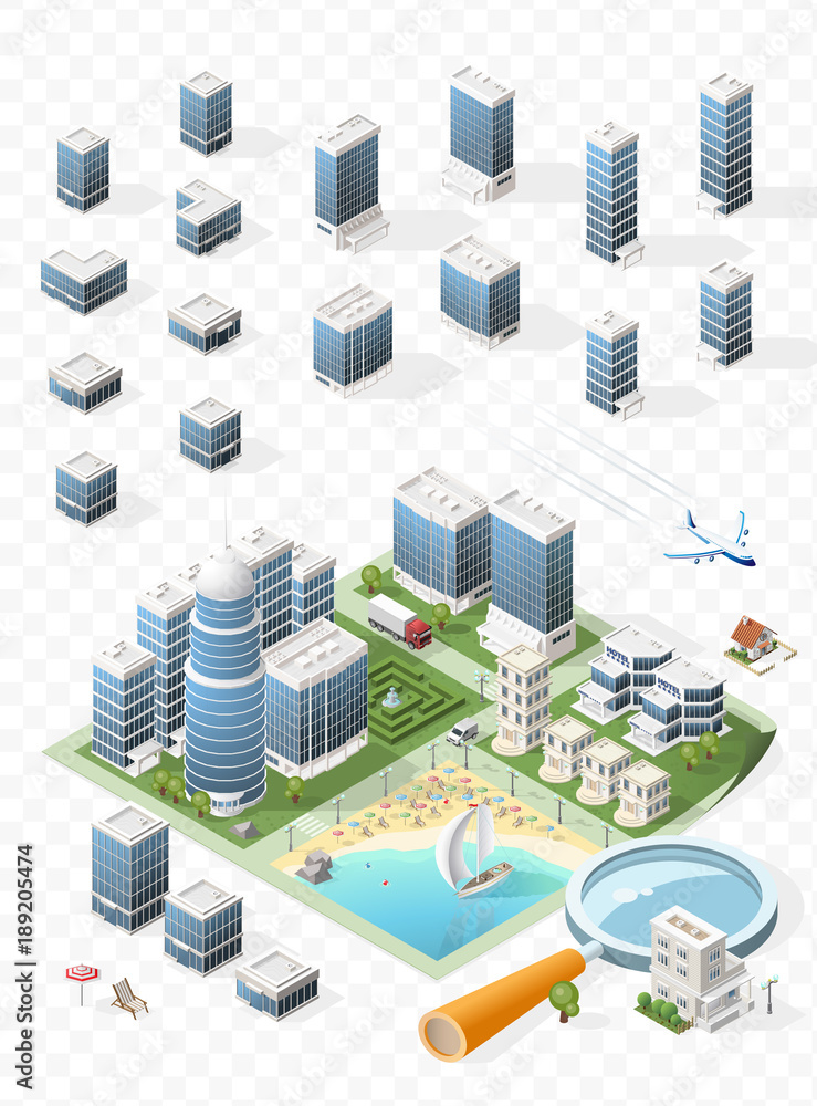 Poster build your own isometric city . isolated vector elements on transparent background