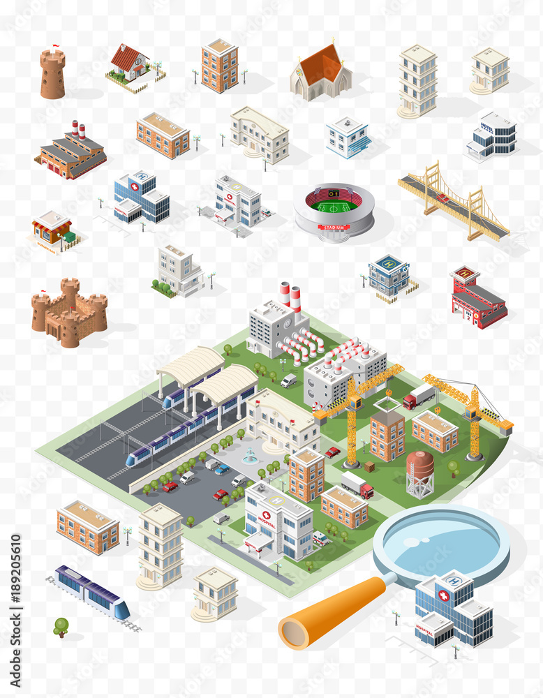 Poster build your own isometric city . isolated vector elements on transparent background