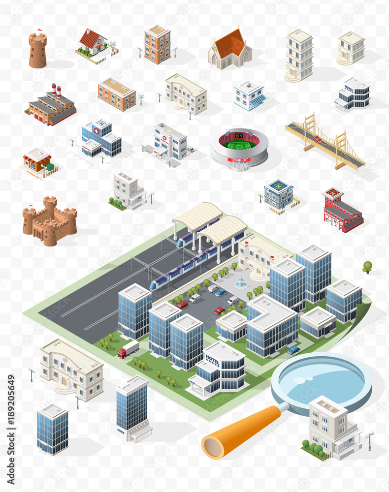Poster build your own isometric city . isolated vector elements on transparent background