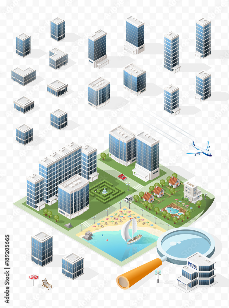 Poster build your own isometric city . isolated vector elements on transparent background