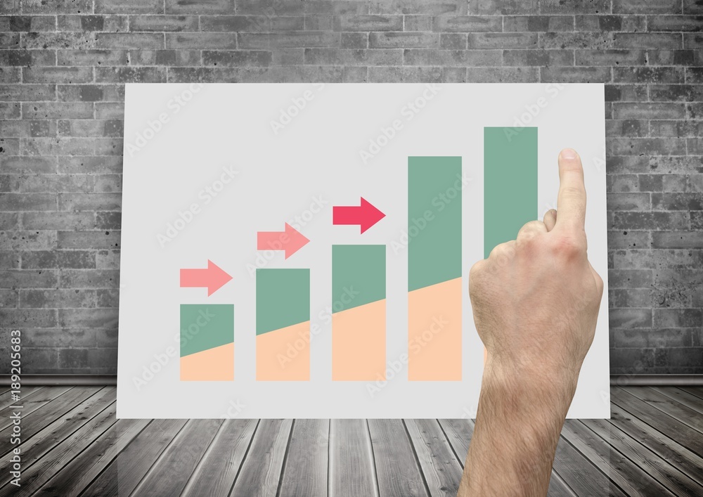 Poster hand pointing at whiteboard with colorful chart statistics