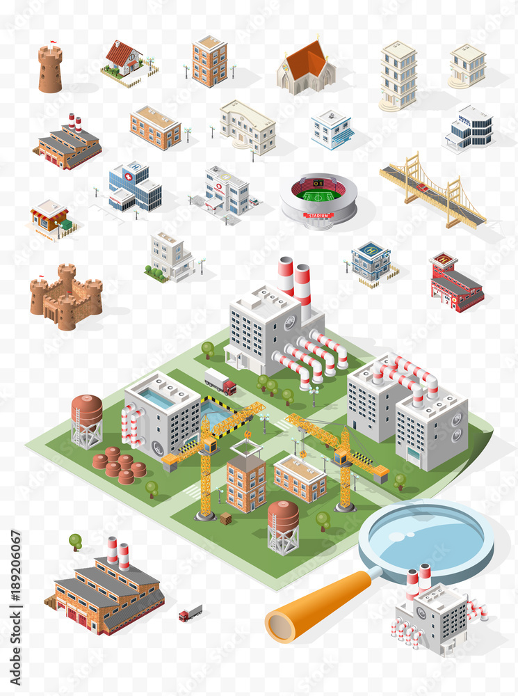 Poster build your own isometric city . isolated vector elements on transparent background