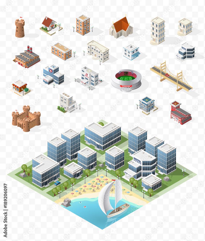 Poster build your own isometric city . isolated vector elements on transparent background