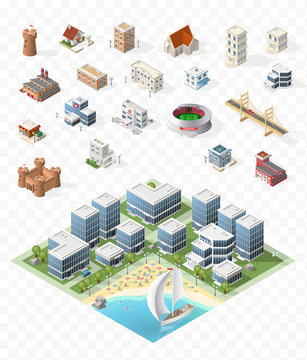 Build Your Own Isometric City . Isolated Vector Elements on Transparent Background