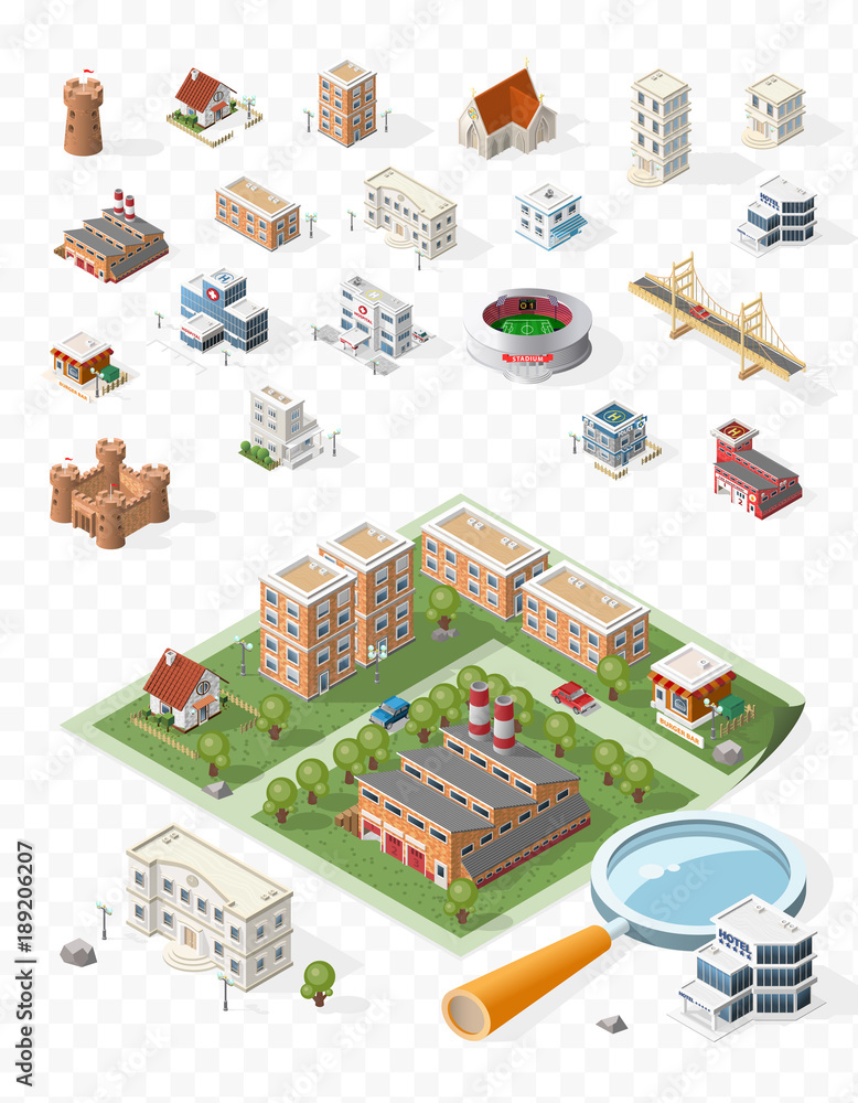 Poster build your own isometric city . isolated vector elements on transparent background