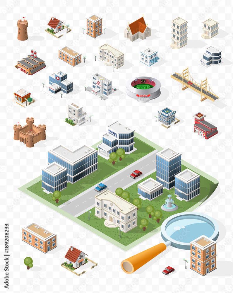 Poster build your own isometric city . isolated vector elements on transparent background