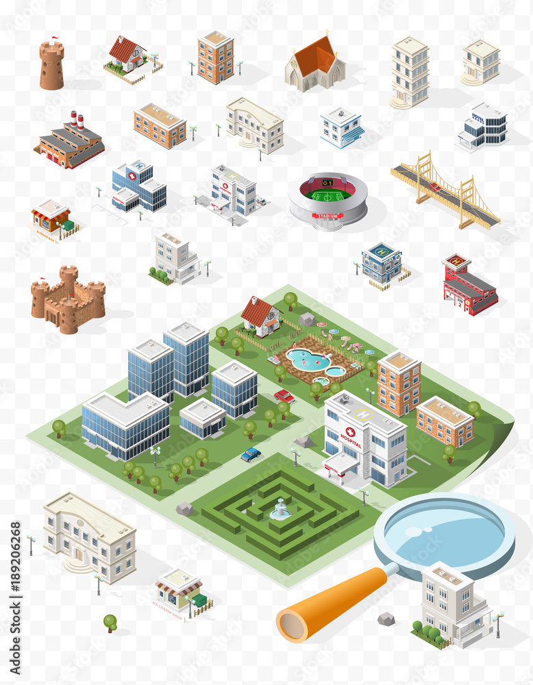 Poster build your own isometric city . isolated vector elements on transparent background