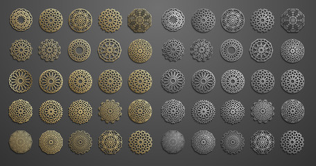 Islamic ornament vector , persian motiff . 3d ramadan islamic round pattern elements . Geometric logo template set. Circular ornamental arabic symbols .
