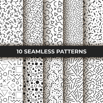 Set of ten seamless patterns. Retro memphis geometric line shapes. Retro fashion style 80s. Black and white abstract jumble textures. Mosaic curved, zigzag lines, dash textures