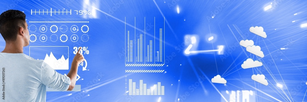 Poster man touching digits in interface