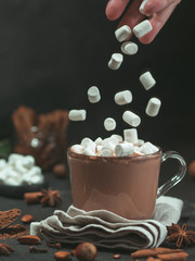 Marshmallows falls from hand in glass mug with hot chocolate cocoa drink. Copy space. Winter food...