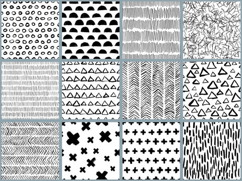 Set of vector black white hand drawn seamless pattern. Abstract watercolor, ink and marker texture and background. Trendy scandinavian design concept for fashion textile print, wrapping or packaging.