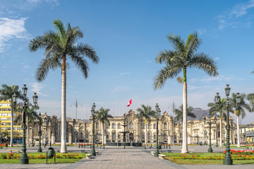 Fototapeta na wymiar The Government Palace of Peru at Plaza Mayor in Lima city.
