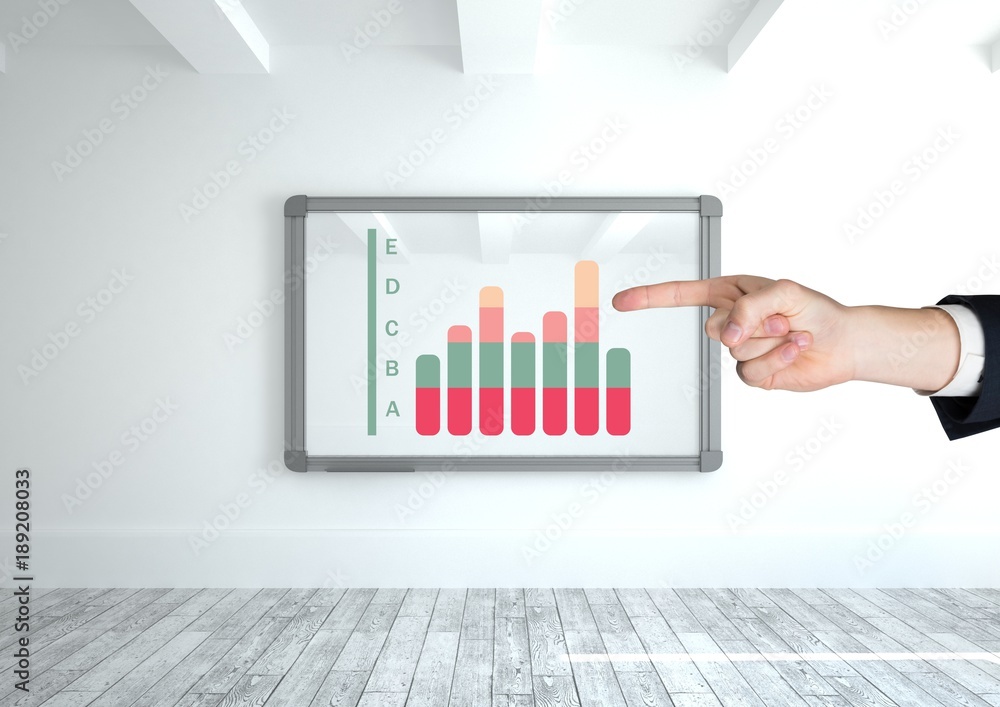 Poster hand pointing at chart statistics on wall frame