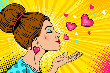 Wow love girl. Young sexy woman with closed eyes in profile sends air kiss and flying hearts. Vector colorful background in retro pop art comic style. Valentines day party invitation poster.