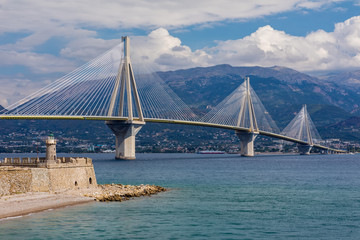 View of suspension bridge Rio-Antirio in Greece