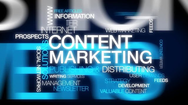 Content marketing writer words tag cloud white text blue background publish articles distribution target wrtiting audience online
