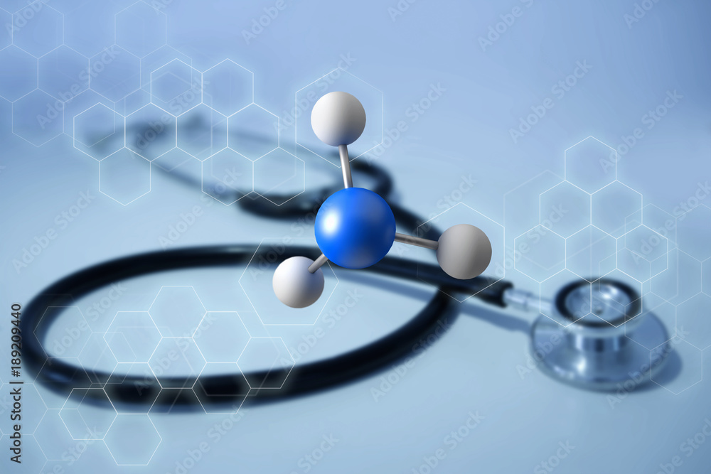 Poster 3d rendering molecule on a displayed on a medical interface