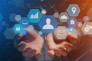 Business network application displayed on a futuristic interface