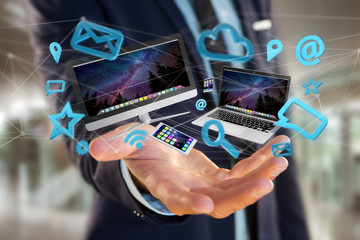 Devices like smartphone, tablet or computer flying over connection network and app- 3d render