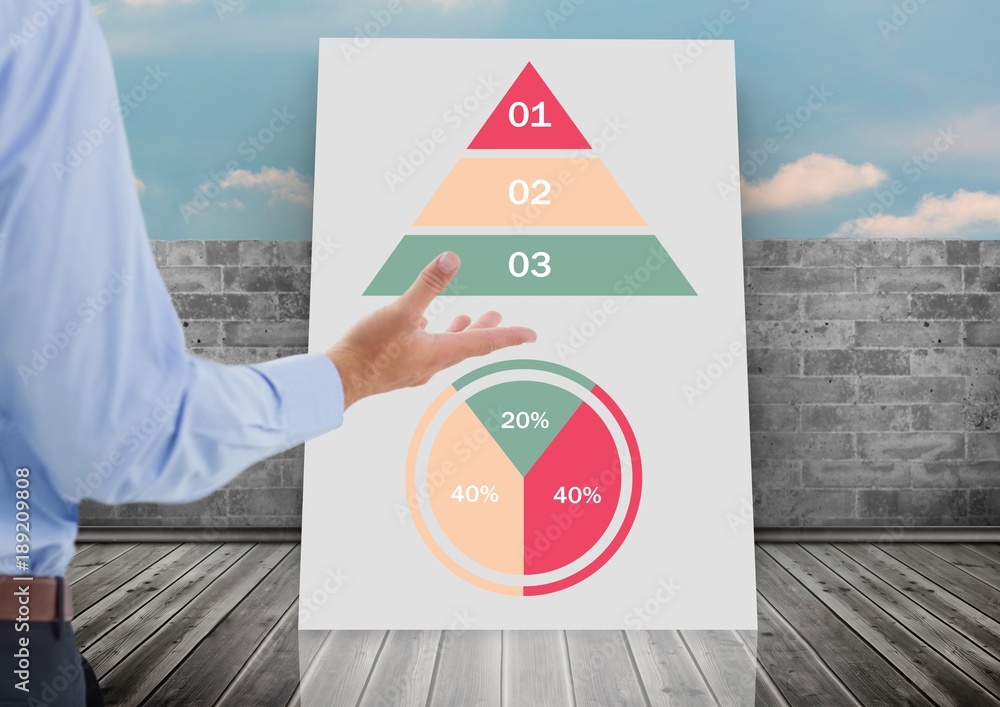 Poster hand open and white board with colorful chart statistics