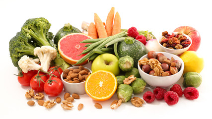 assorted health food on white background