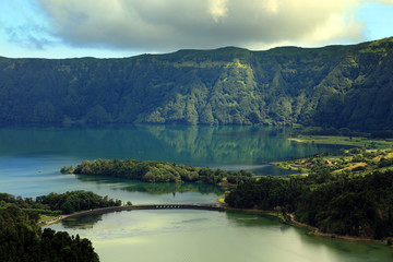 Aerial view to Azul and Verde lakes at Sete Cidades in Sao Miguel Azores Portugal