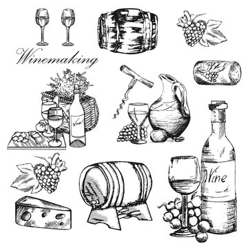 Wine set. Winemaking products in sketch style. Alcoholic drink. Vector wallpaper background with hand drawn wine bottle, cask, wineglass grapes and cheese. Color illustration