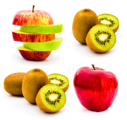 collection of half cut and whole tropical summer fruits. sliced red and green apple and kiwi isolated on white background. set for fruit salad. product or package design element