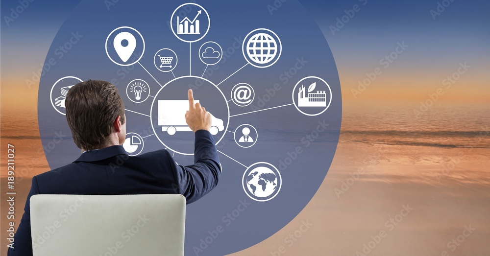 Poster man touches interface with sea in background