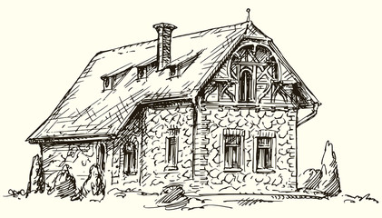 Old English traditional stone house. Hand drawn vector illustration.