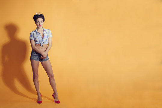 girl in pin-up style on a yellow background