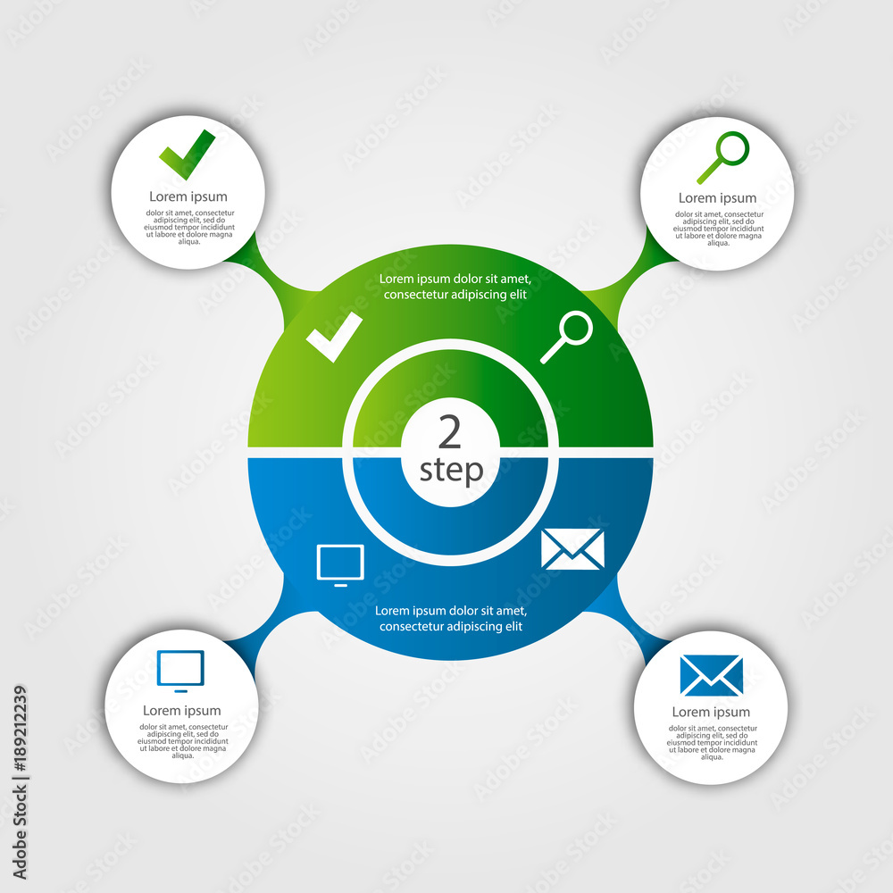 Wall mural Modern vector illustration. Template of infographics with two elements of sectors and circles. Contains icons and text. Designed for business, presentations, web design, diagrams with 2 steps