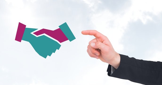 Hand interacting with handshake icons