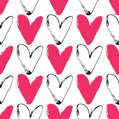 Heart grunge seamless pattern on white background. Hand drawn vector background