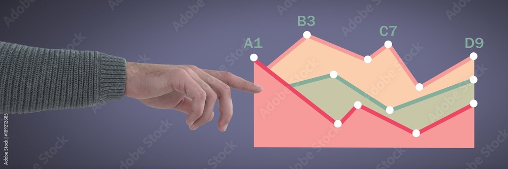 Poster hand pointing with colorful chart statistics