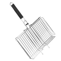 Assembled new steel chrome barbecue grill with black wooden handle isolated on white background
