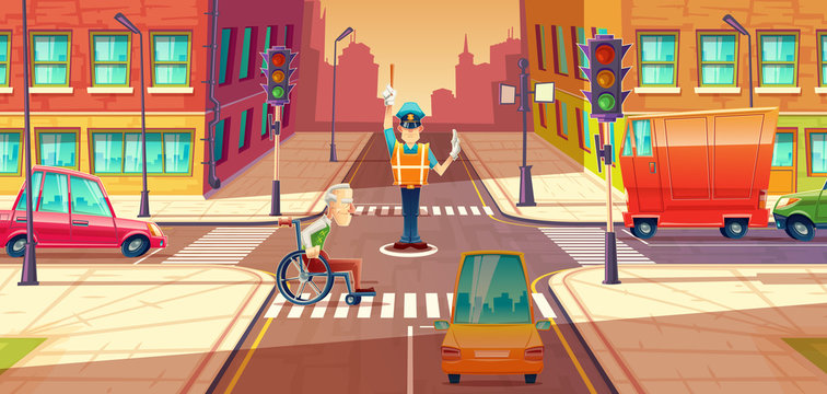 Vector illustration of crossing guard adjusting transport moving, city crossroads with pedestrian, disabled person. Urban highway regulation, crosswalk with traffic lights, machines