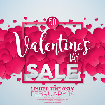 Valentines day sale background with red heart. Vector special offer illustration for coupon, banner, voucher or promotional poster.