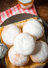 Group of Krapfen on a Plate Overhead