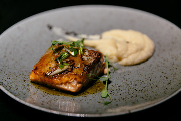 Plate of tasty salmon steak with sauce and puree in modern food restaurant.