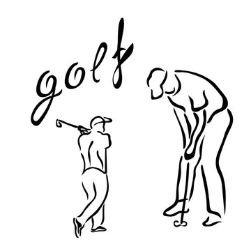 Golf symbol vector images in minimal linear style isolated on white. Golfers silhouettes. Emblem for golf course, sports shop, football school, diploma, trophies, competition.
