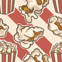 Popcorn in a red striped bucket box vector seamless pattern isolated on striped background. Popcorn popping. Red white strip box. Cinema movie night icon. Pop corn kernels. Snack for movie.