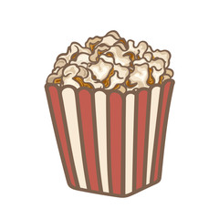 Modern sketch pop corn box illustration isolated on white background. Popcorn in a red striped bucket box. Snack for movie. Pop corn popping in minimal flat style.