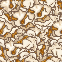 Traditional popcorn vector seamless multilayered pattern. Graphic background, popcorn popping in minimal style. Print for cinema pop corn buckets, circus. Popcorn kernels. Tasty food. Snack for movie.