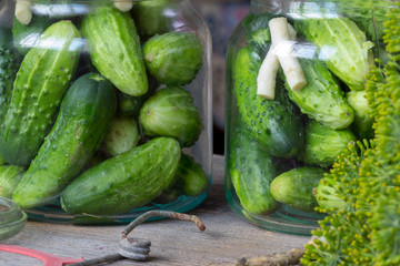 Jars of pickled marinated cucumbers on rustic table