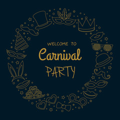 Carnival Party - poster with masks and geeting. Vector.