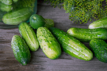 Jars of pickled marinated cucumbers on rustic table