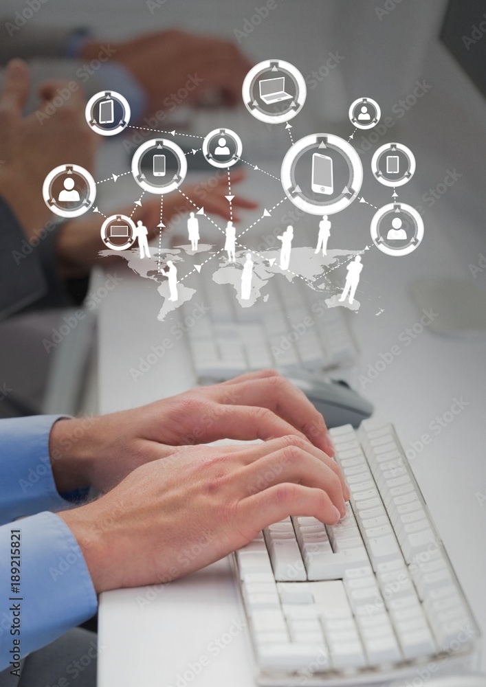 Poster hands writing on computer with graph overlays