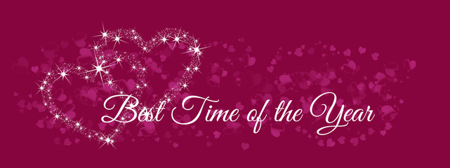 Elegant lettering Best Time of de Year on purple with two hearts arranged with stars - diamonds